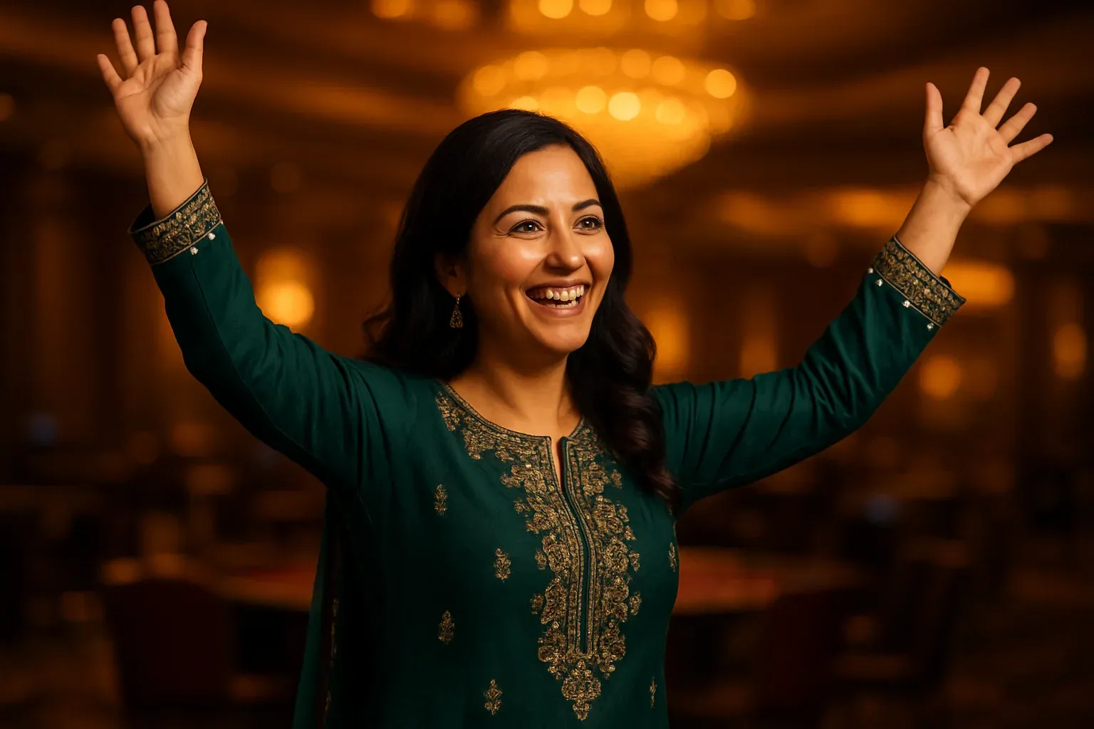Joyful Pakistani woman in forest green shalwar kameez celebrating in VIP casino lounge