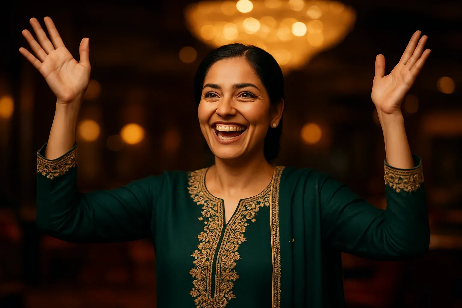 Joyful Pakistani woman in forest green shalwar kameez celebrating in VIP casino lounge