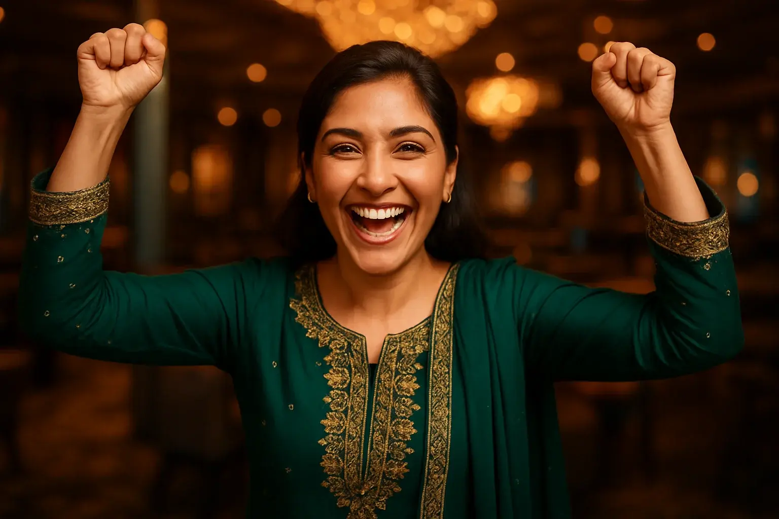 Joyful Pakistani woman celebrating sports win in VIP lounge, raised arms