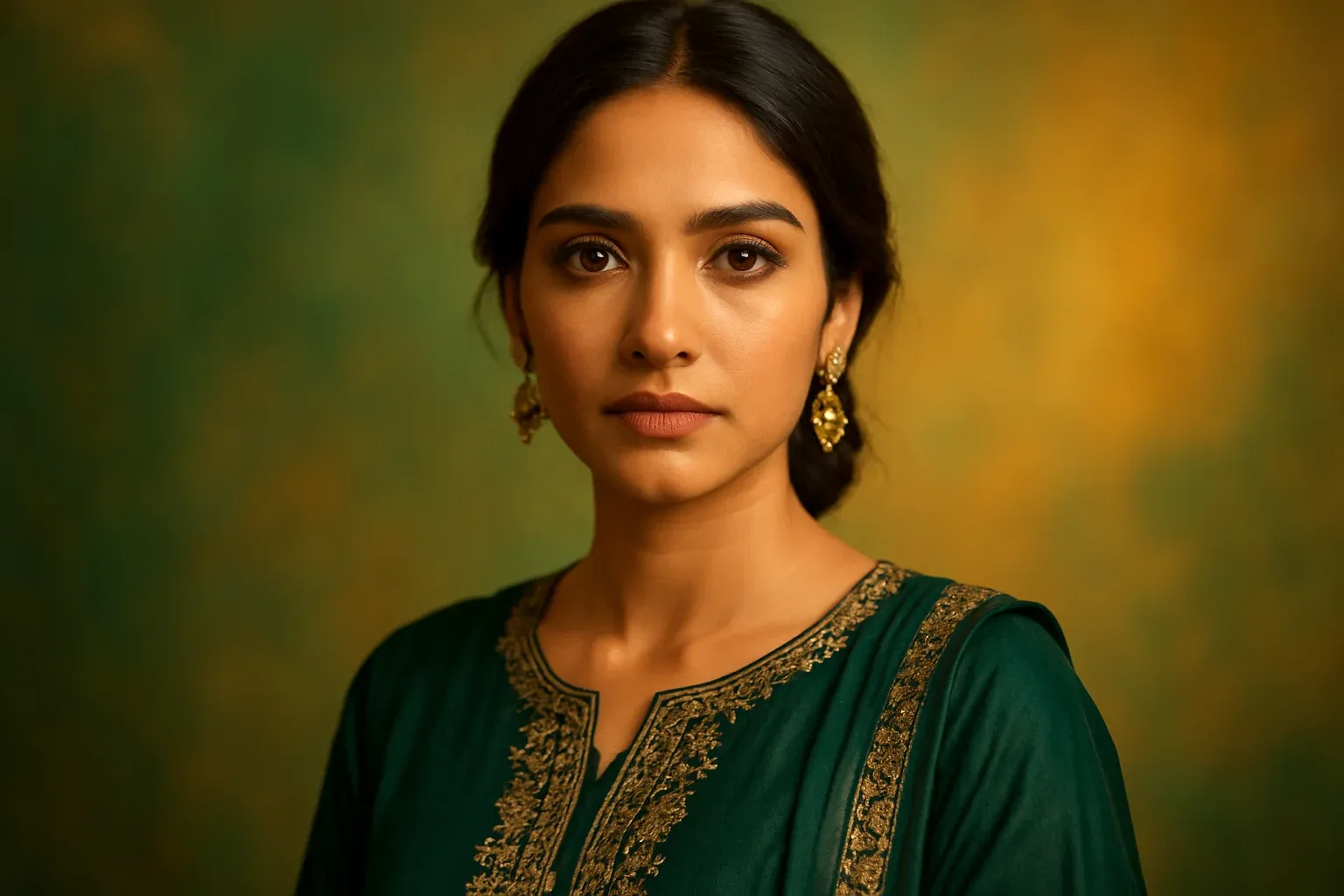 High-resolution portrait of elegant Pakistani woman in forest green shalwar kameez