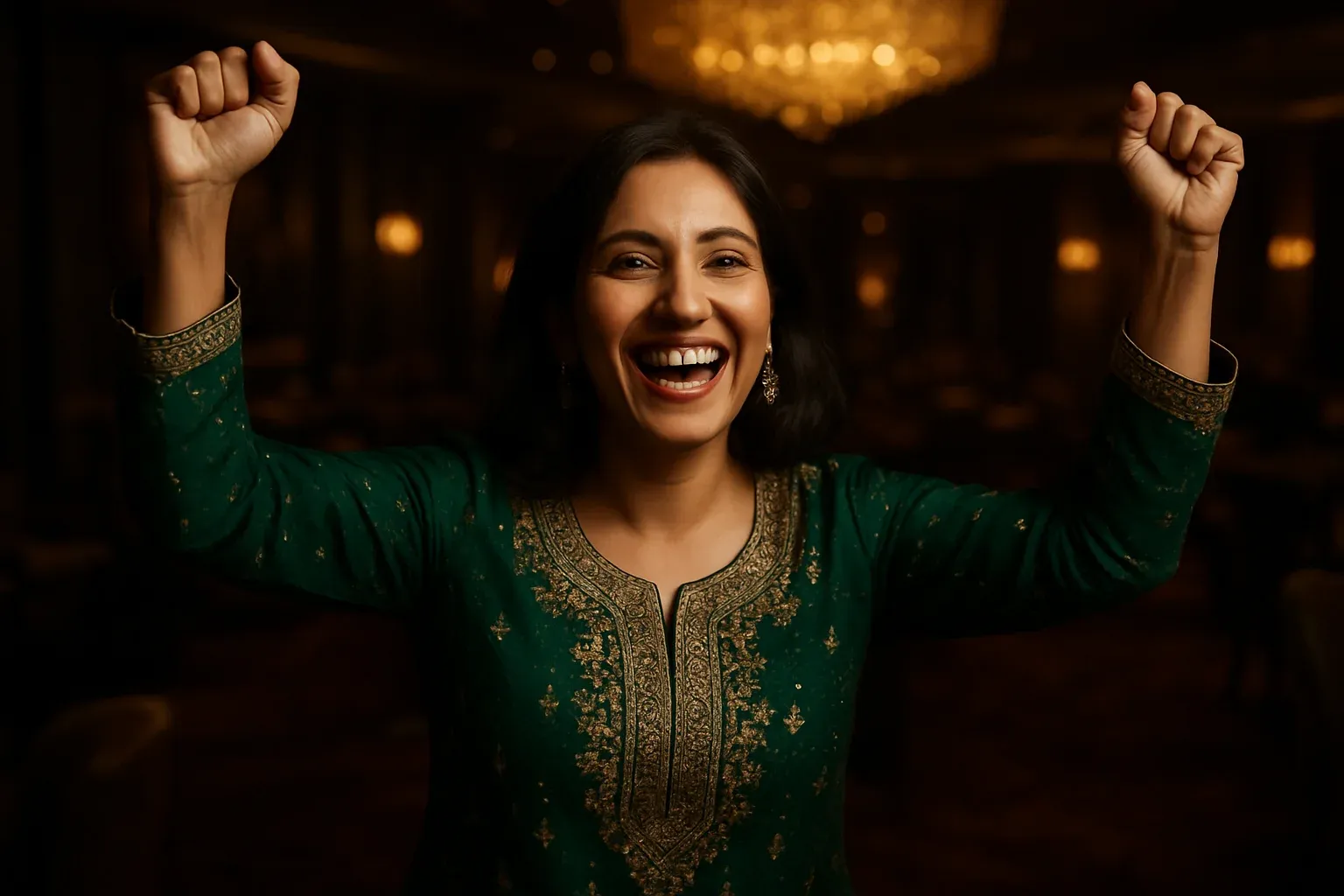 Joyful Pakistani woman in green and gold shalwar kameez in casino lounge