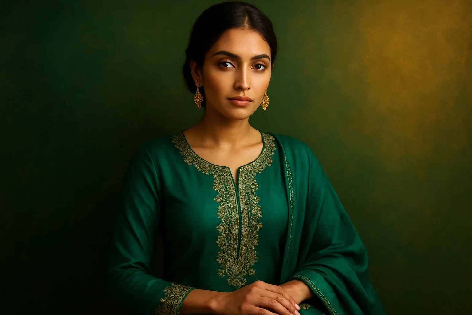 High-resolution portrait of stylish Pakistani woman in green shalwar kameez