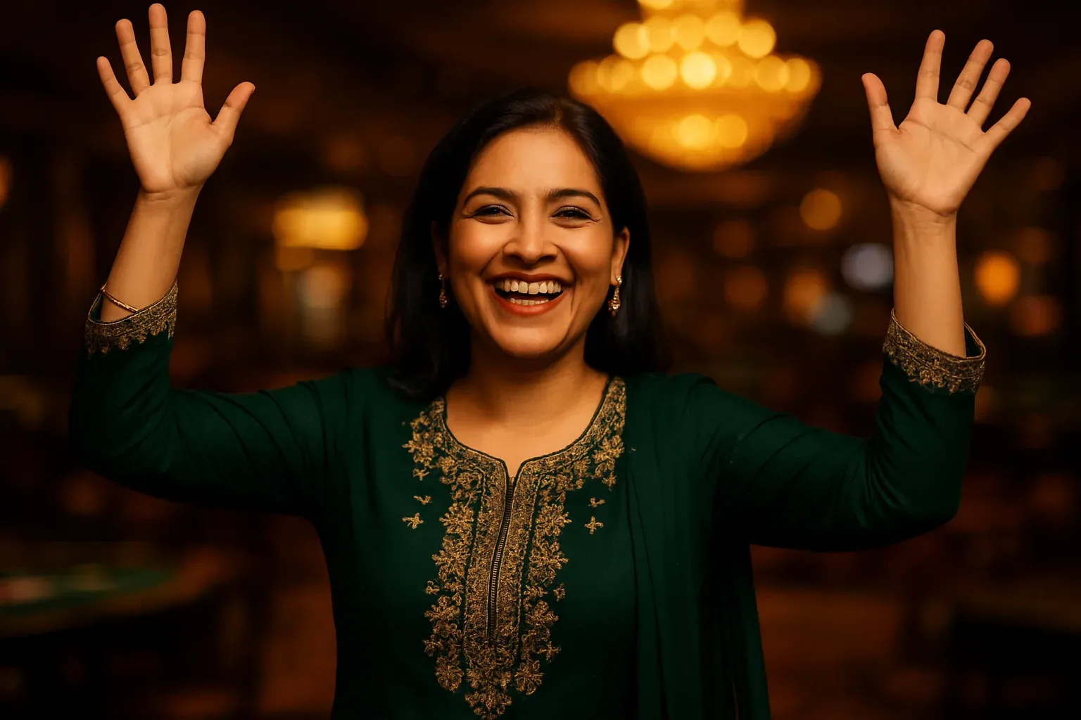 Joyful Pakistani woman in forest green shalwar kameez celebrating in VIP casino lounge