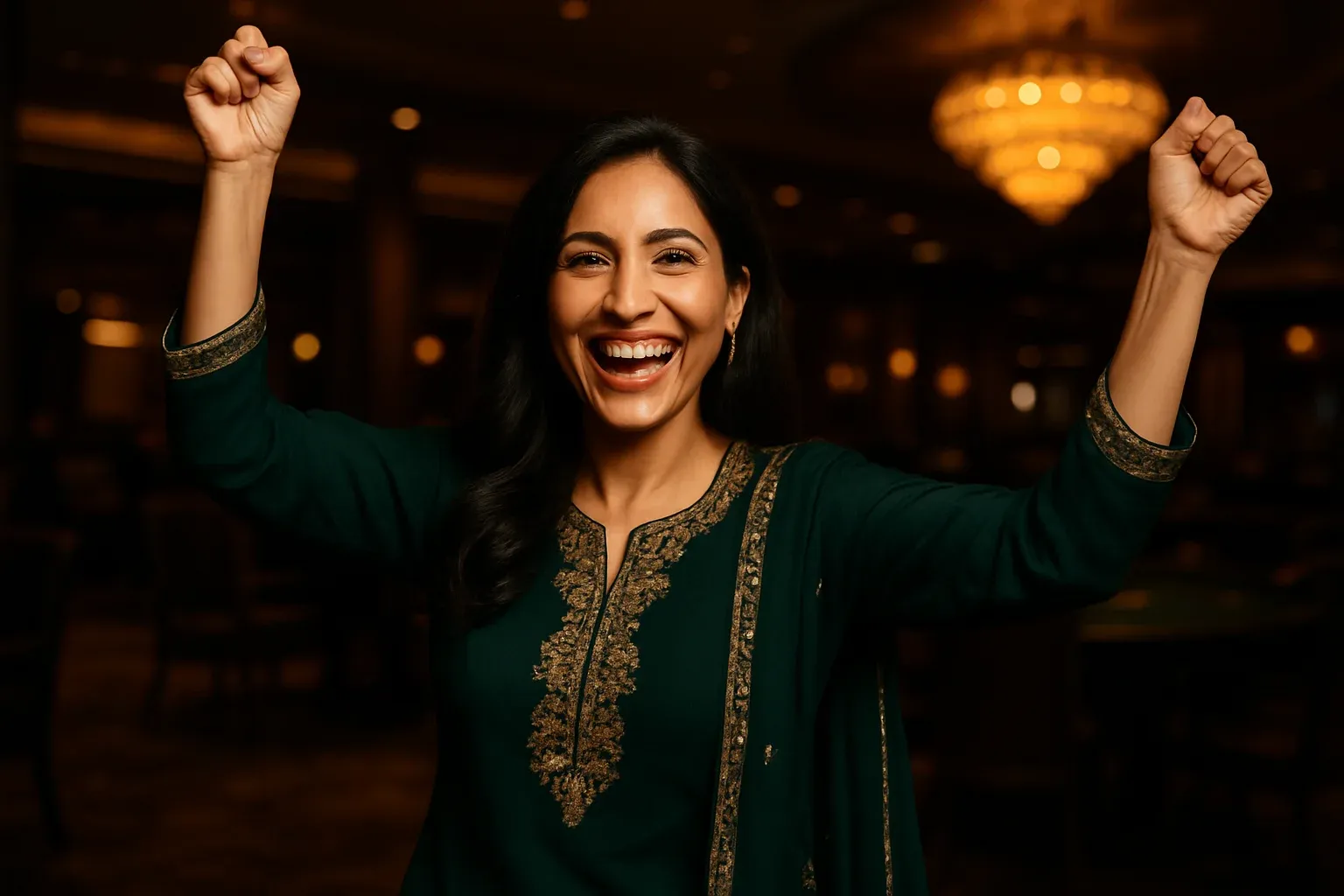 Joyful Pakistani woman in green shalwar kameez celebrating in VIP casino lounge