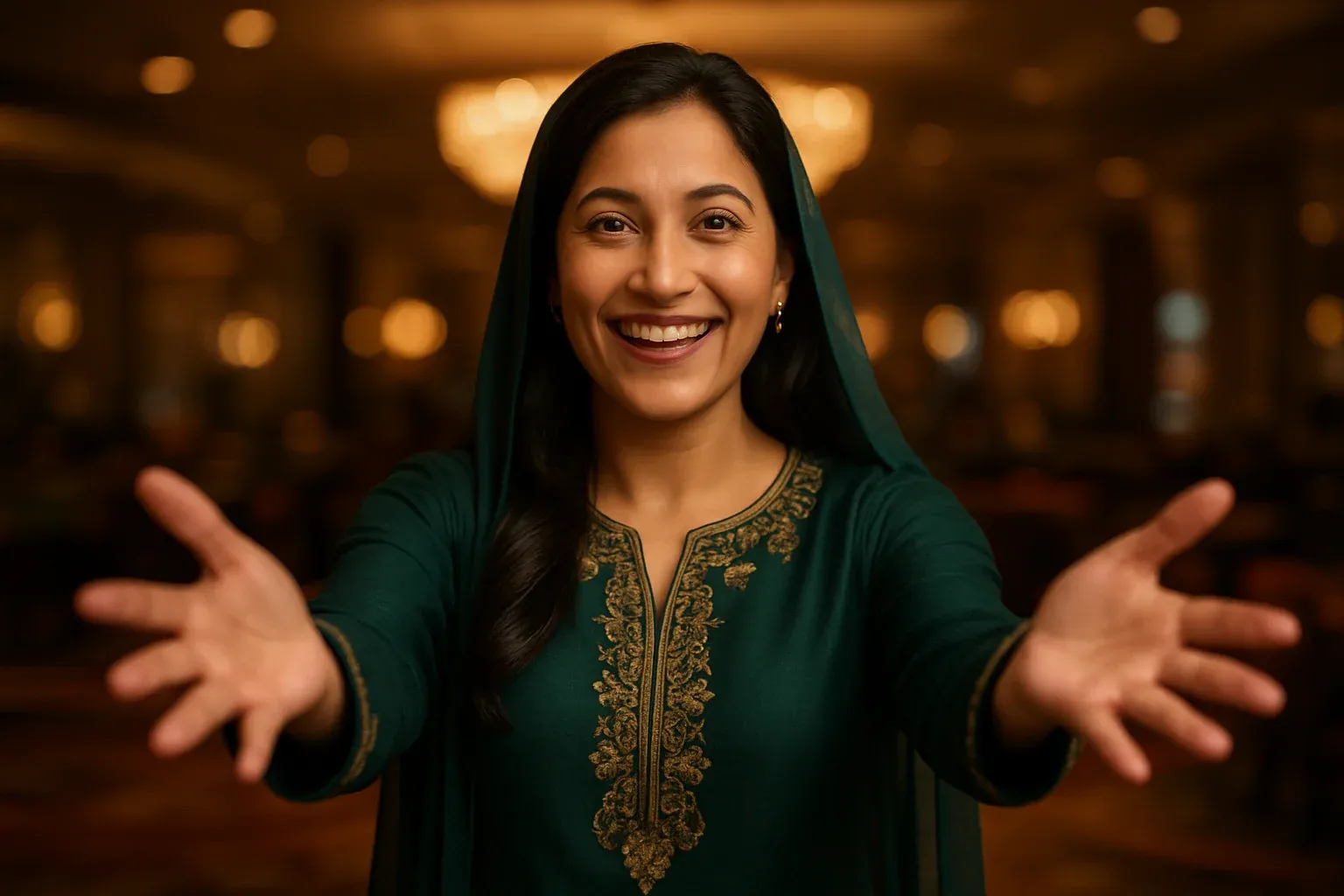 Joyful Pakistani woman in green shalwar kameez welcoming in VIP lounge