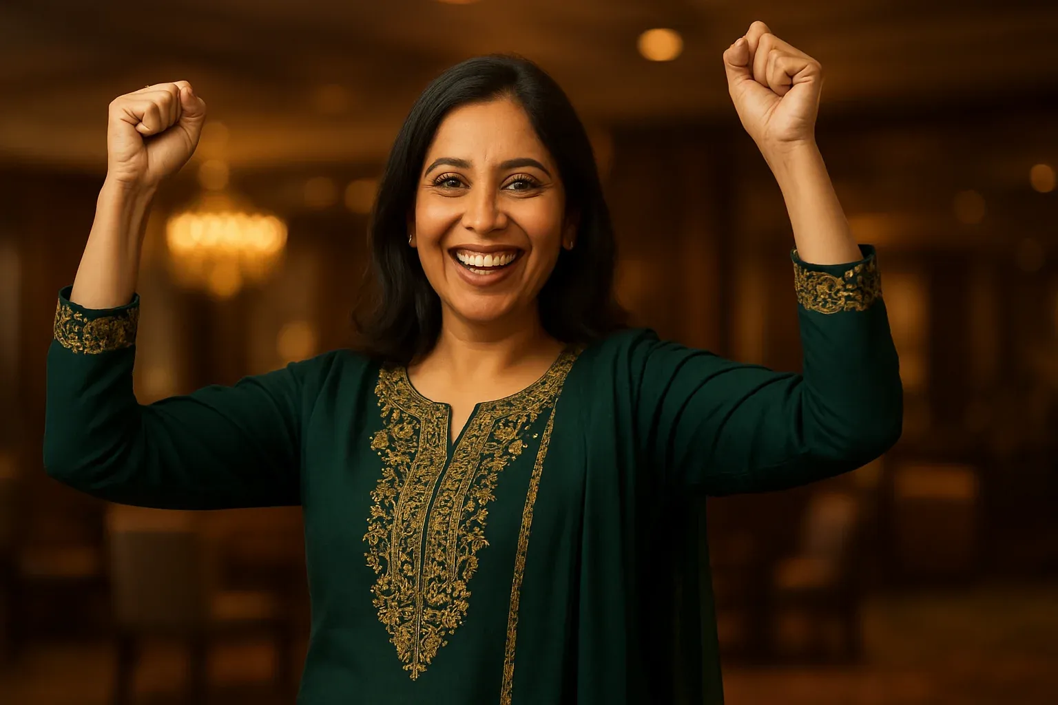 Joyful Pakistani woman in forest green shalwar kameez celebrating in VIP casino lounge