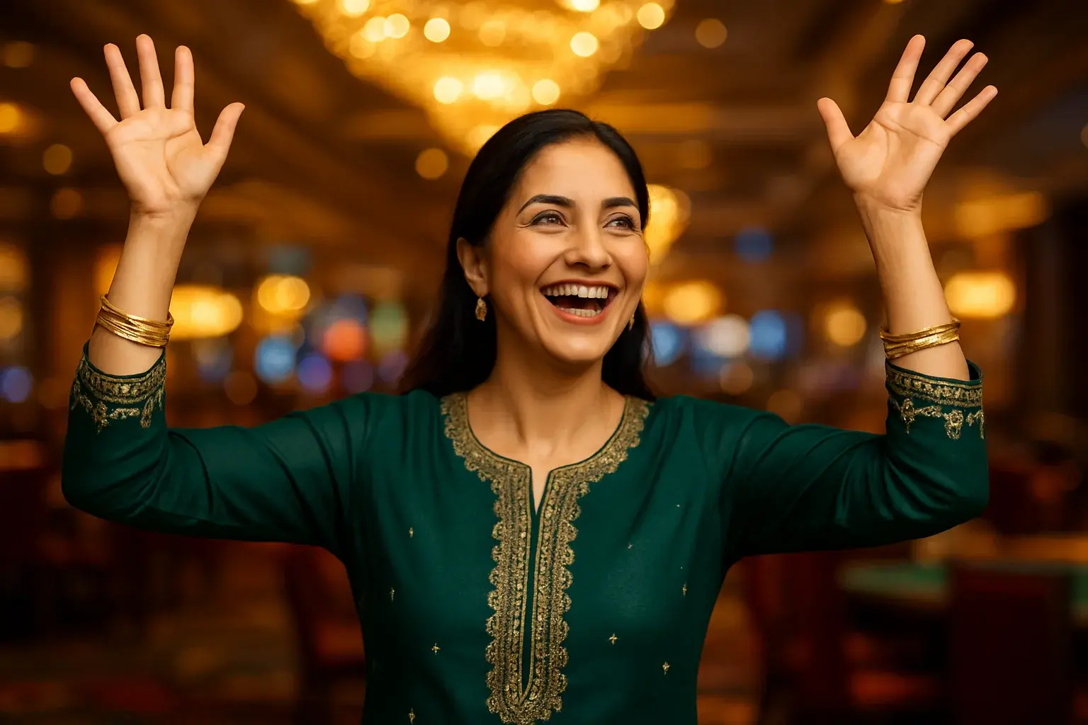 Joyful Pakistani woman cheering in forest green shalwar kameez in VIP casino lounge