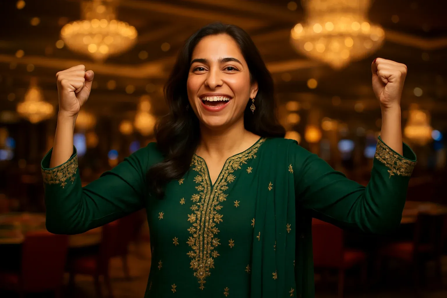 Joyful Pakistani woman in forest green shalwar kameez celebrating in VIP casino lounge